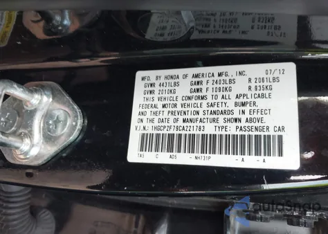 2012 Honda Accord 2.4 Ex from USA, damaged, VIN 1HGCP2F79CA221783